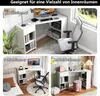 Collage of three different room settings showcasing a white L-shaped desk in an office, bedroom, and dressing room. Podgląd zdjęcia produktu