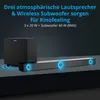 A soundbar and subwoofer are displayed on a dark surface with blue light effects emanating from the soundbar. Produktbild-Vorschau