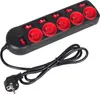A black power strip with six red outlets and individual switches, connected to a black power cord and plug, is shown against a white background. Náhled obrázku produktu