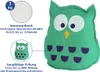 A green owl-shaped product with text overlays explaining its features and composition. Produktbild-Vorschau