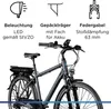A close-up view of an electric bicycle with feature callouts at the top. Produktbild-Vorschau