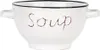A white ceramic soup bowl with handles and the word "Soup" embossed on it. Produktbild-Vorschau