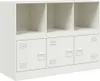 A white metal storage unit with three open shelves on top and three lockers with handles on the bottom. Produktbild-Vorschau