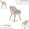 Multiple views of a beige upholstered chair with gold legs, presented with marketing text. Produktbild-Vorschau