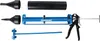 A set of tools for applying sealant or mortar, including a caulking gun, nozzles, and a rod. Produktbild-Vorschau