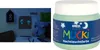 A split image showing a child's artwork glowing in the dark on the left and a jar of glow-in-the-dark paint on the right. Produktbild-Vorschau