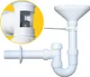 A white plastic plumbing trap with a funnel and a close-up inset showing a ball valve mechanism. Produktbild-Vorschau