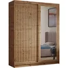 A wooden wardrobe with sliding doors, one of which is a mirror reflecting a bedroom scene. Náhled obrázku produktu