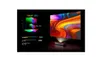 A projector displaying a colorful abstract image on a dark background, with a graph and color spectrum information next to it. Produktbild-Vorschau