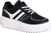 A studio shot of a single black and white platform sneaker.