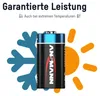 A battery is shown between a snowflake and a sun graphic, indicating performance in extreme temperatures. Produktbild-Vorschau
