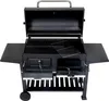 A black charcoal grill with its lid open, shown from the front. Produktbild-Vorschau