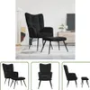 A collage of images showing a black velvet armchair with a matching ottoman, displayed in different angles and settings. Náhled obrázku produktu