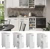 A modern kitchen scene with white cabinets, a marble countertop, and a dining table, along with separate images of kitchen cabinets. Produktbild-Vorschau