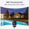 A security camera is shown in front of a house and pool at night, with text describing its features. Produktbild-Vorschau
