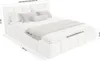 A white upholstered bed frame with dimensions indicated by text overlays. Produktbild-Vorschau
