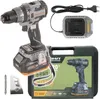 A cordless drill, its charger, a battery, a case, and accessories are displayed against a white background. Voir les images du produit