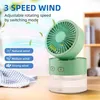 A green desk fan with a water tank is shown on a wooden desk, with promotional text and icons overlaying the image. Produktbild-Vorschau
