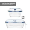 Two glass food storage containers with blue lids are shown with dimensions indicated. Produktbild-Vorschau