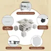 A white coffee table with integrated stools and drawers is shown with callouts highlighting its features. Podgląd zdjęcia produktu