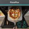 A pizza is being placed into an oven with a pizza peel. The oven interior is visible, along with some ingredients on a tray to the left. Text overlays indicate cooking time and temperature. Voir les images du produit