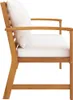 A side view of a wooden garden bench with white cushions. Produktbild-Vorschau