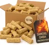 A cardboard box filled with fire starters, with a tag showing flames and company information. Produktbild-Vorschau