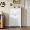 A white shoe cabinet with gold handles is shown in a room, next to a brown sofa and a white door. Podgląd zdjęcia produktu