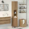 A bathroom with a wooden cabinet, sink, mirror, and shelves. Náhled obrázku produktu