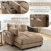A close-up view of a khaki-colored sofa with text overlays highlighting its features. Produktbild-Vorschau