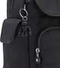 A close-up of a black Kipling backpack, focusing on a zipper and a monkey keychain. Produktbild-Vorschau