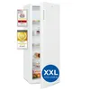 A white refrigerator with its door open, displaying shelves and food items. Several award badges are attached to the left side of the refrigerator. Produktbild-Vorschau