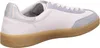 A side view of a white sneaker with light blue accents and a tan sole. Voir les images du produit