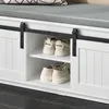 A white shoe bench with a gray cushion and sliding doors, showing shoes inside. Náhľad obrázku produktu