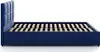 A side view of a blue upholstered bed frame with a slatted base. Produktbild-Vorschau