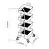 A technical drawing of a four-tiered rolling cart with dimensions indicated. Anteprima dell’immagine prodotto