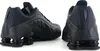 A pair of black Nike Shox R4 sneakers are shown from a side and back angle against a white background. Produktbild-Vorschau