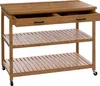 A bamboo kitchen island with two shelves and two drawers on wheels, shown against a white background. Náhľad obrázku produktu