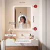 A bathroom mirror with integrated LED lighting is shown above a vanity unit. The image includes dimensions and instructions for installation and placement. Podgląd zdjęcia produktu