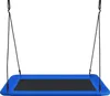 A blue rectangular swing with a black center, suspended by ropes against a white background. Produktbild-Vorschau