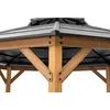 A close-up view of the wooden structure and metal roof of a gazebo. Náhled obrázku produktu