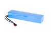 A blue lithium-ion battery pack with a black wire and connector, isolated on a white background. Produktbild-Vorschau
