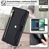 A black phone case with a zipper and card slots is shown, along with marketing text and images highlighting its features. Produktbild-Vorschau