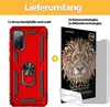A product image showing a red phone case and screen protectors with text overlays. Produktbild-Vorschau