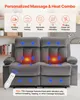A gray loveseat with massage and heat features is shown with overlaid graphics highlighting its capabilities. Podgląd zdjęcia produktu