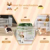 Collage showing a white wooden dog gate in different settings: indoors, outdoors, and near stairs, with dogs interacting with it. Anteprima dell’immagine prodotto