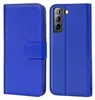 A blue flip case for a Samsung Galaxy S21 FE phone is shown from two angles. Produktbild-Vorschau