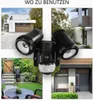 Collage of images showing a black LED outdoor wall light with motion sensor in different settings, including a modern house entrance, a garden, and a driveway. Produktbild-Vorschau