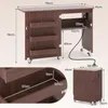 A multi-view diagram of a folding sewing table with dimensions and details. Anteprima dell’immagine prodotto