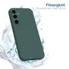 A dark green phone case is shown with water splashes around it, suggesting water resistance. Produktbild-Vorschau